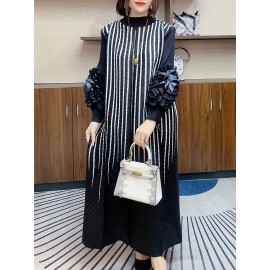 エレガントなオレンジストライプのマキシドレス（女性用）- スリミング長袖、フリルディテール、ポリエステル、洗濯機可、ラウンドネック - シックな中東スタイル、カジュアルエレガンス|シックなマキシドレス|複雑なデザイン