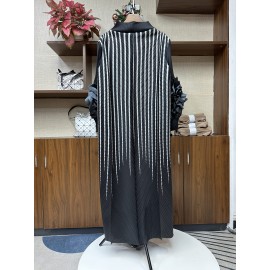 エレガントなオレンジストライプのマキシドレス（女性用）- スリミング長袖、フリルディテール、ポリエステル、洗濯機可、ラウンドネック - シックな中東スタイル、カジュアルエレガンス|シックなマキシドレス|複雑なデザイン