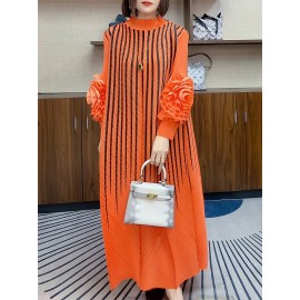 エレガントなオレンジストライプのマキシドレス（女性用）- スリミング長袖、フリルディテール、ポリエステル、洗濯機可、ラウンドネック - シックな中東スタイル、カジュアルエレガンス|シックなマキシドレス|複雑なデザイン