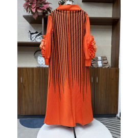 エレガントなオレンジストライプのマキシドレス（女性用）- スリミング長袖、フリルディテール、ポリエステル、洗濯機可、ラウンドネック - シックな中東スタイル、カジュアルエレガンス|シックなマキシドレス|複雑なデザイン