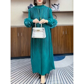 エレガントなオレンジストライプのマキシドレス（女性用）- スリミング長袖、フリルディテール、ポリエステル、洗濯機可、ラウンドネック - シックな中東スタイル、カジュアルエレガンス|シックなマキシドレス|複雑なデザイン