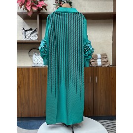 エレガントなオレンジストライプのマキシドレス（女性用）- スリミング長袖、フリルディテール、ポリエステル、洗濯機可、ラウンドネック - シックな中東スタイル、カジュアルエレガンス|シックなマキシドレス|複雑なデザイン