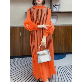 エレガントなオレンジストライプのマキシドレス（女性用）- スリミング長袖、フリルディテール、ポリエステル、洗濯機可、ラウンドネック - シックな中東スタイル、カジュアルエレガンス|シックなマキシドレス|複雑なデザイン