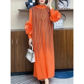 エレガントなオレンジストライプのマキシドレス（女性用）- スリミング長袖、フリルディテール、ポリエステル、洗濯機可、ラウンドネック - シックな中東スタイル、カジュアルエレガンス|シックなマキシドレス|複雑なデザイン