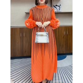 エレガントなオレンジストライプのマキシドレス（女性用）- スリミング長袖、フリルディテール、ポリエステル、洗濯機可、ラウンドネック - シックな中東スタイル、カジュアルエレガンス|シックなマキシドレス|複雑なデザイン