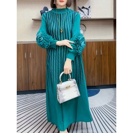 エレガントなオレンジストライプのマキシドレス（女性用）- スリミング長袖、フリルディテール、ポリエステル、洗濯機可、ラウンドネック - シックな中東スタイル、カジュアルエレガンス|シックなマキシドレス|複雑なデザイン