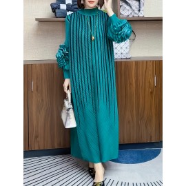 エレガントなオレンジストライプのマキシドレス（女性用）- スリミング長袖、フリルディテール、ポリエステル、洗濯機可、ラウンドネック - シックな中東スタイル、カジュアルエレガンス|シックなマキシドレス|複雑なデザイン