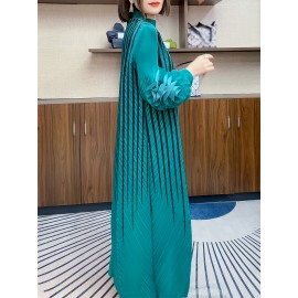 エレガントなオレンジストライプのマキシドレス（女性用）- スリミング長袖、フリルディテール、ポリエステル、洗濯機可、ラウンドネック - シックな中東スタイル、カジュアルエレガンス|シックなマキシドレス|複雑なデザイン