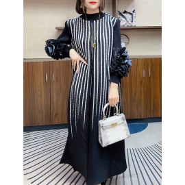 エレガントなオレンジストライプのマキシドレス（女性用）- スリミング長袖、フリルディテール、ポリエステル、洗濯機可、ラウンドネック - シックな中東スタイル、カジュアルエレガンス|シックなマキシドレス|複雑なデザイン