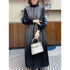 エレガントなオレンジストライプのマキシドレス（女性用）- スリミング長袖、フリルディテール、ポリエステル、洗濯機可、ラウンドネック - シックな中東スタイル、カジュアルエレガンス|シックなマキシドレス|複雑なデザイン