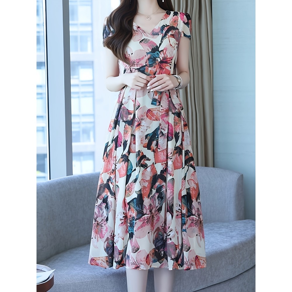 女性用の花柄プリント無袖マキシドレス - ルーズフィット、Vネック、軽量、バケーションやカジュアルな衣装に最適、カジュアルな衣装|花柄プリントドレス|軽量な素材