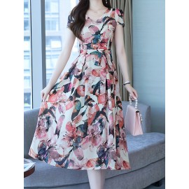 女性用の花柄プリント無袖マキシドレス - ルーズフィット、Vネック、軽量、バケーションやカジュアルな衣装に最適、カジュアルな衣装|花柄プリントドレス|軽量な素材