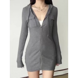女性用 Y2K スタイルのフード付きジッパー ボディコンドレス - 長袖、ポリエステル、ソリッドカラー、ニットファブリック、オールシーズンファッション
