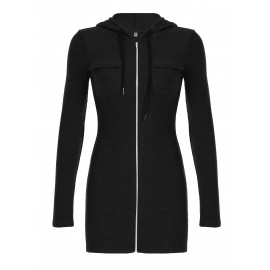 女性用 Y2K スタイルのフード付きジッパー ボディコンドレス - 長袖、ポリエステル、ソリッドカラー、ニットファブリック、オールシーズンファッション