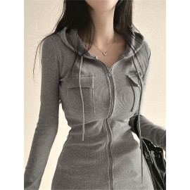 女性用 Y2K スタイルのフード付きジッパー ボディコンドレス - 長袖、ポリエステル、ソリッドカラー、ニットファブリック、オールシーズンファッション