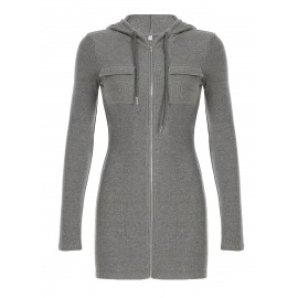 女性用 Y2K スタイルのフード付きジッパー ボディコンドレス - 長袖、ポリエステル、ソリッドカラー、ニットファブリック、オールシーズンファッション