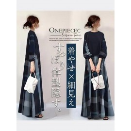 春秋新作女性用ラウンドネックボタンパッチワーク長カジュアルドレス、ファッショナブル、カジュアルでエレガント、日常着用に最適