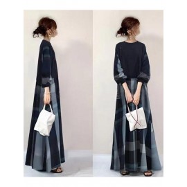 春秋新作女性用ラウンドネックボタンパッチワーク長カジュアルドレス、ファッショナブル、カジュアルでエレガント、日常着用に最適