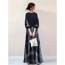 春秋新作女性用ラウンドネックボタンパッチワーク長カジュアルドレス、ファッショナブル、カジュアルでエレガント、日常着用に最適