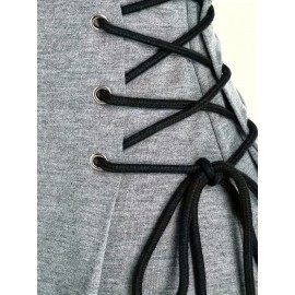 【日常のエレガンス】女性用カジュアルグレーのフード付きスウェットドレス、ドローストリングとサイドタイ付き - 長袖、無地、ポリエステル混紡、洗濯機可、カジュアルな服装|カジュアルエレガンス|長袖ドレス