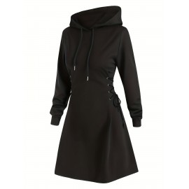 【日常のエレガンス】女性用カジュアルグレーのフード付きスウェットドレス、ドローストリングとサイドタイ付き - 長袖、無地、ポリエステル混紡、洗濯機可、カジュアルな服装|カジュアルエレガンス|長袖ドレス