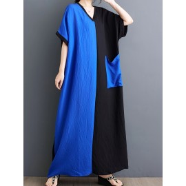 スタイリッシュでエレガントなパッチワークカジュアルルーズ春夏薄手半袖ドレス