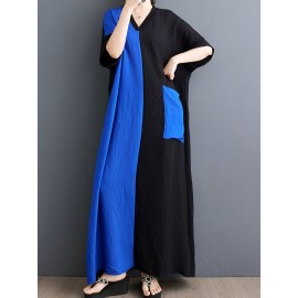 スタイリッシュでエレガントなパッチワークカジュアルルーズ春夏薄手半袖ドレス