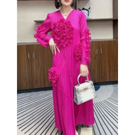 丸いネックデザインのエレガントなプリーツ長スカート、3次元のフリル花装飾を特徴として、ポリエステル製のAラインカットで腹を隠す、すべてのシーズンに適しています。