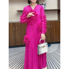 丸いネックデザインのエレガントなプリーツ長スカート、3次元のフリル花装飾を特徴として、ポリエステル製のAラインカットで腹を隠す、すべてのシーズンに適しています。