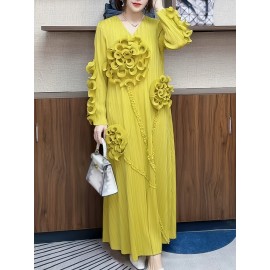 丸いネックデザインのエレガントなプリーツ長スカート、3次元のフリル花装飾を特徴として、ポリエステル製のAラインカットで腹を隠す、すべてのシーズンに適しています。