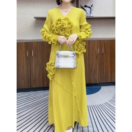 丸いネックデザインのエレガントなプリーツ長スカート、3次元のフリル花装飾を特徴として、ポリエステル製のAラインカットで腹を隠す、すべてのシーズンに適しています。