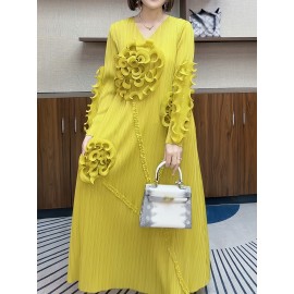 丸いネックデザインのエレガントなプリーツ長スカート、3次元のフリル花装飾を特徴として、ポリエステル製のAラインカットで腹を隠す、すべてのシーズンに適しています。