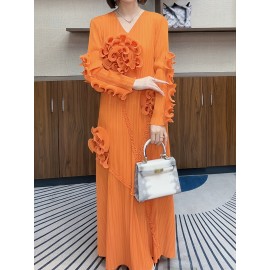 丸いネックデザインのエレガントなプリーツ長スカート、3次元のフリル花装飾を特徴として、ポリエステル製のAラインカットで腹を隠す、すべてのシーズンに適しています。