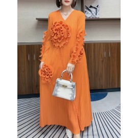 丸いネックデザインのエレガントなプリーツ長スカート、3次元のフリル花装飾を特徴として、ポリエステル製のAラインカットで腹を隠す、すべてのシーズンに適しています。