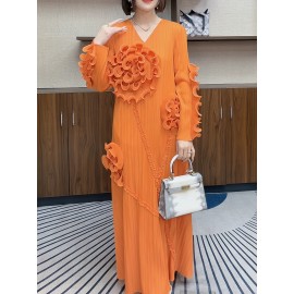 丸いネックデザインのエレガントなプリーツ長スカート、3次元のフリル花装飾を特徴として、ポリエステル製のAラインカットで腹を隠す、すべてのシーズンに適しています。