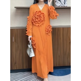 丸いネックデザインのエレガントなプリーツ長スカート、3次元のフリル花装飾を特徴として、ポリエステル製のAラインカットで腹を隠す、すべてのシーズンに適しています。