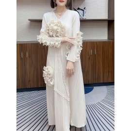 丸いネックデザインのエレガントなプリーツ長スカート、3次元のフリル花装飾を特徴として、ポリエステル製のAラインカットで腹を隠す、すべてのシーズンに適しています。