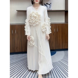 丸いネックデザインのエレガントなプリーツ長スカート、3次元のフリル花装飾を特徴として、ポリエステル製のAラインカットで腹を隠す、すべてのシーズンに適しています。