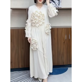 丸いネックデザインのエレガントなプリーツ長スカート、3次元のフリル花装飾を特徴として、ポリエステル製のAラインカットで腹を隠す、すべてのシーズンに適しています。