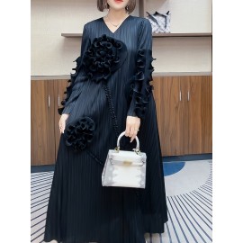 丸いネックデザインのエレガントなプリーツ長スカート、3次元のフリル花装飾を特徴として、ポリエステル製のAラインカットで腹を隠す、すべてのシーズンに適しています。