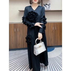 丸いネックデザインのエレガントなプリーツ長スカート、3次元のフリル花装飾を特徴として、ポリエステル製のAラインカットで腹を隠す、すべてのシーズンに適しています。