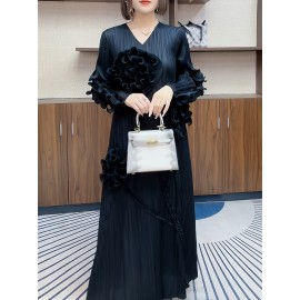 丸いネックデザインのエレガントなプリーツ長スカート、3次元のフリル花装飾を特徴として、ポリエステル製のAラインカットで腹を隠す、すべてのシーズンに適しています。