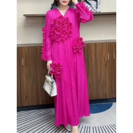 丸いネックデザインのエレガントなプリーツ長スカート、3次元のフリル花装飾を特徴として、ポリエステル製のAラインカットで腹を隠す、すべてのシーズンに適しています。