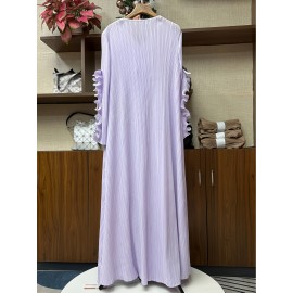 丸いネックデザインのエレガントなプリーツ長スカート、3次元のフリル花装飾を特徴として、ポリエステル製のAラインカットで腹を隠す、すべてのシーズンに適しています。