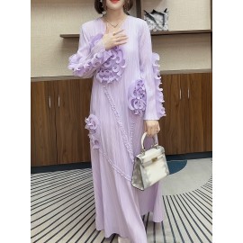 丸いネックデザインのエレガントなプリーツ長スカート、3次元のフリル花装飾を特徴として、ポリエステル製のAラインカットで腹を隠す、すべてのシーズンに適しています。