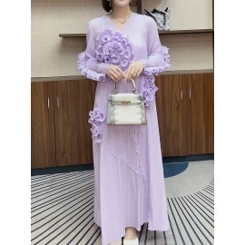 丸いネックデザインのエレガントなプリーツ長スカート、3次元のフリル花装飾を特徴として、ポリエステル製のAラインカットで腹を隠す、すべてのシーズンに適しています。