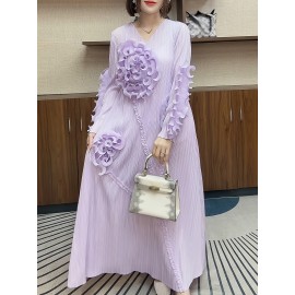 丸いネックデザインのエレガントなプリーツ長スカート、3次元のフリル花装飾を特徴として、ポリエステル製のAラインカットで腹を隠す、すべてのシーズンに適しています。