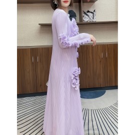 丸いネックデザインのエレガントなプリーツ長スカート、3次元のフリル花装飾を特徴として、ポリエステル製のAラインカットで腹を隠す、すべてのシーズンに適しています。