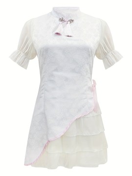 エレガントな新しい中国風チェンサムドレス、リボン付き - シュガーケーキスカートデザイン、半袖、マンダリンカラー、夏の女性ファッション、白色に黒い花柄