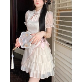 エレガントな新しい中国風チェンサムドレス、リボン付き - シュガーケーキスカートデザイン、半袖、マンダリンカラー、夏の女性ファッション、白色に黒い花柄